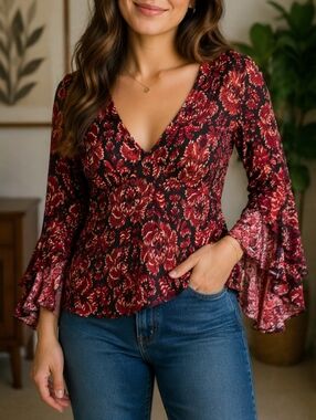 NWT Dynamite Red Black Floral V-Neck Bell Sleeve Top Y2K Fairy Grunge